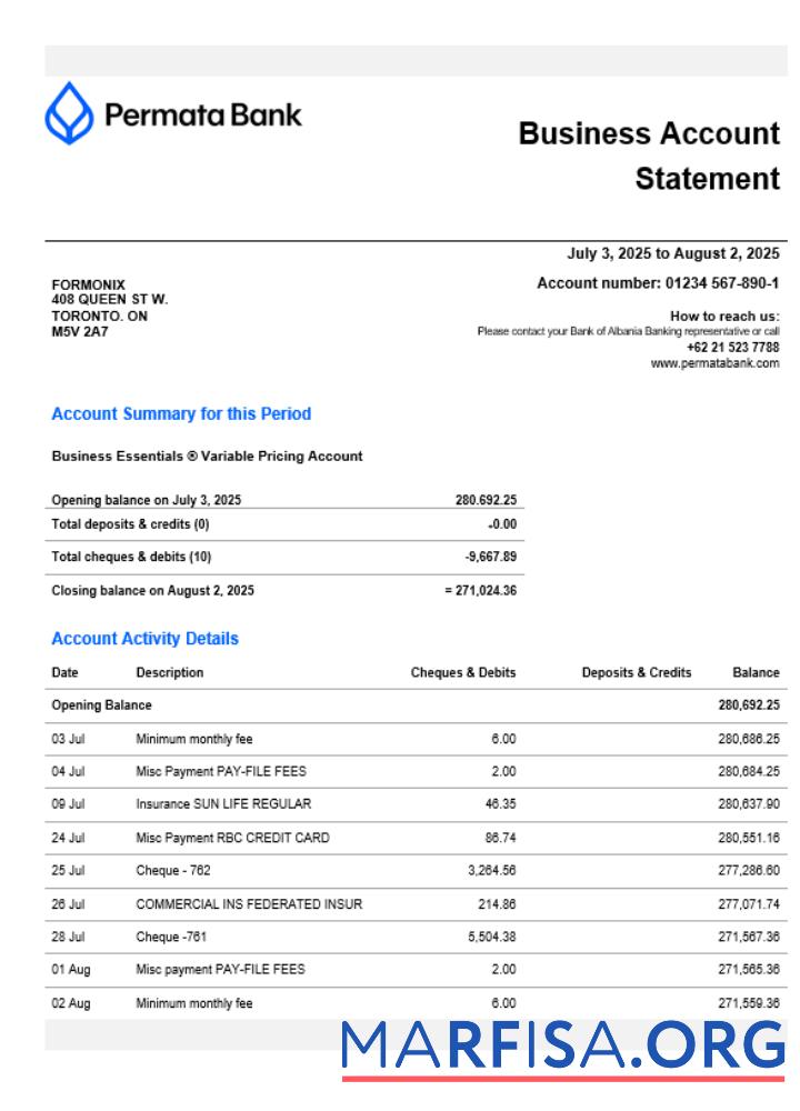 Blank Permatabank organization checking account statement Word and PDF format real example